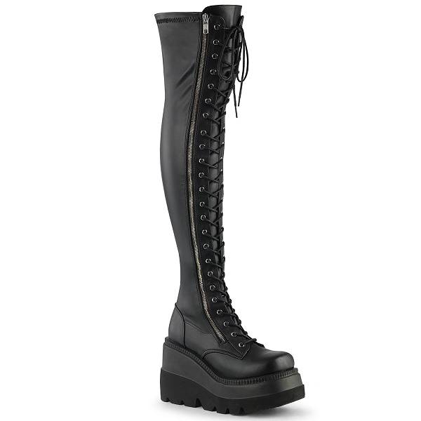 Demonia Women's Shaker-374 Platform Thigh High Boots - Black Str. Vegan Leather D4657-18US Clearance